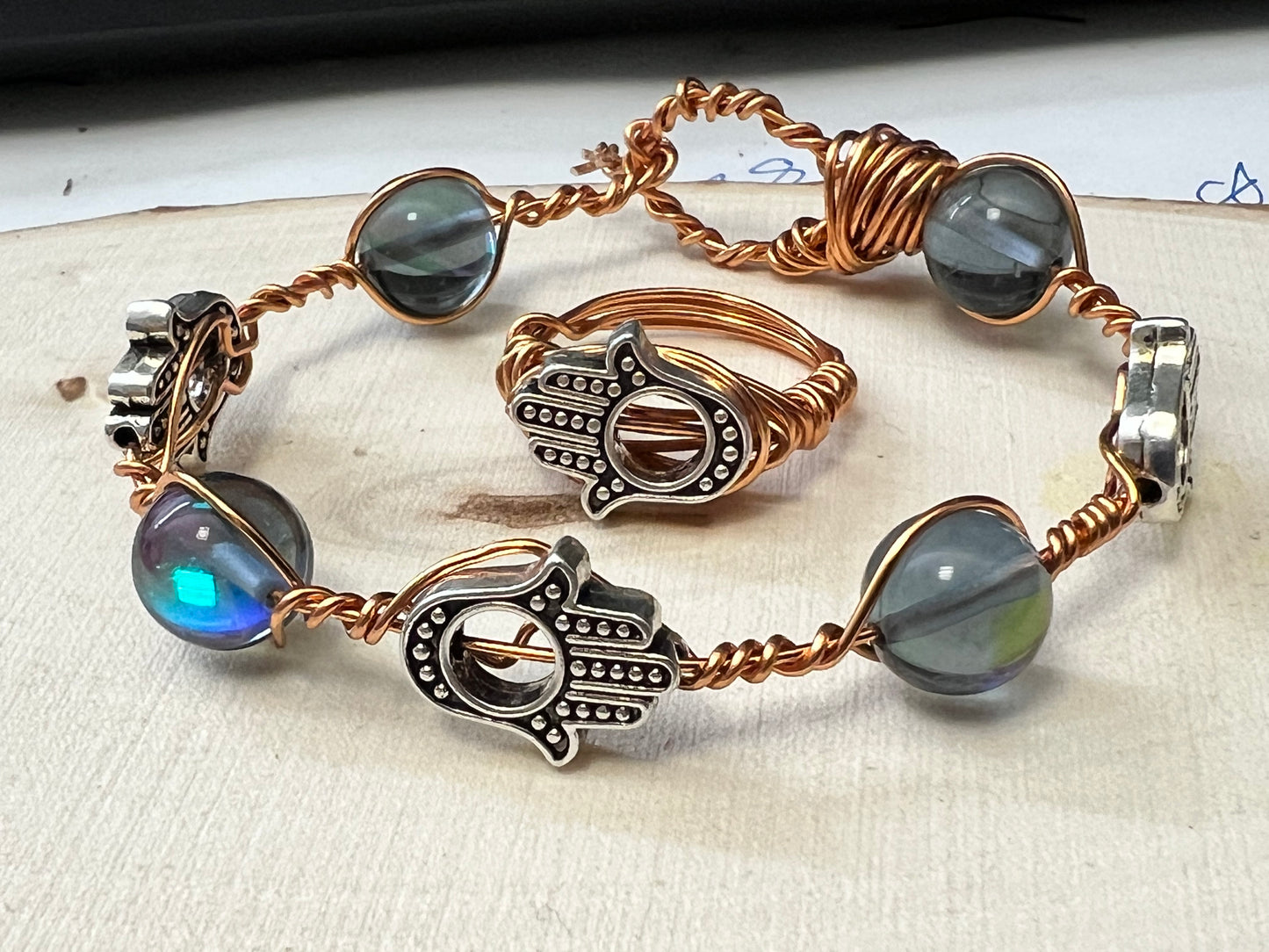 Wire wrapped Hamsa Ring and Bracelet