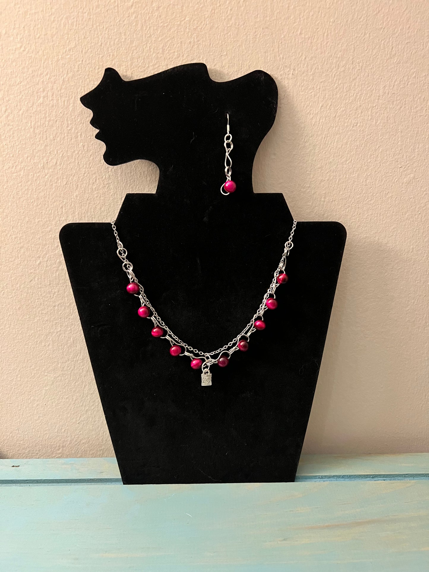 Enchantress Pink Tigers Eye Necklace and Earrings